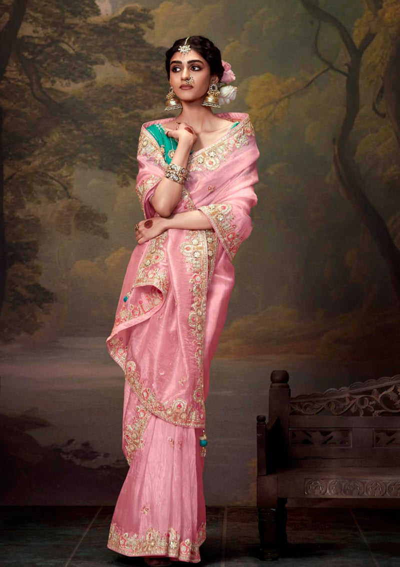 Monjolika Fashion Organza Embroidered Thread Work Light Pink Trendy Saree | Grocsy