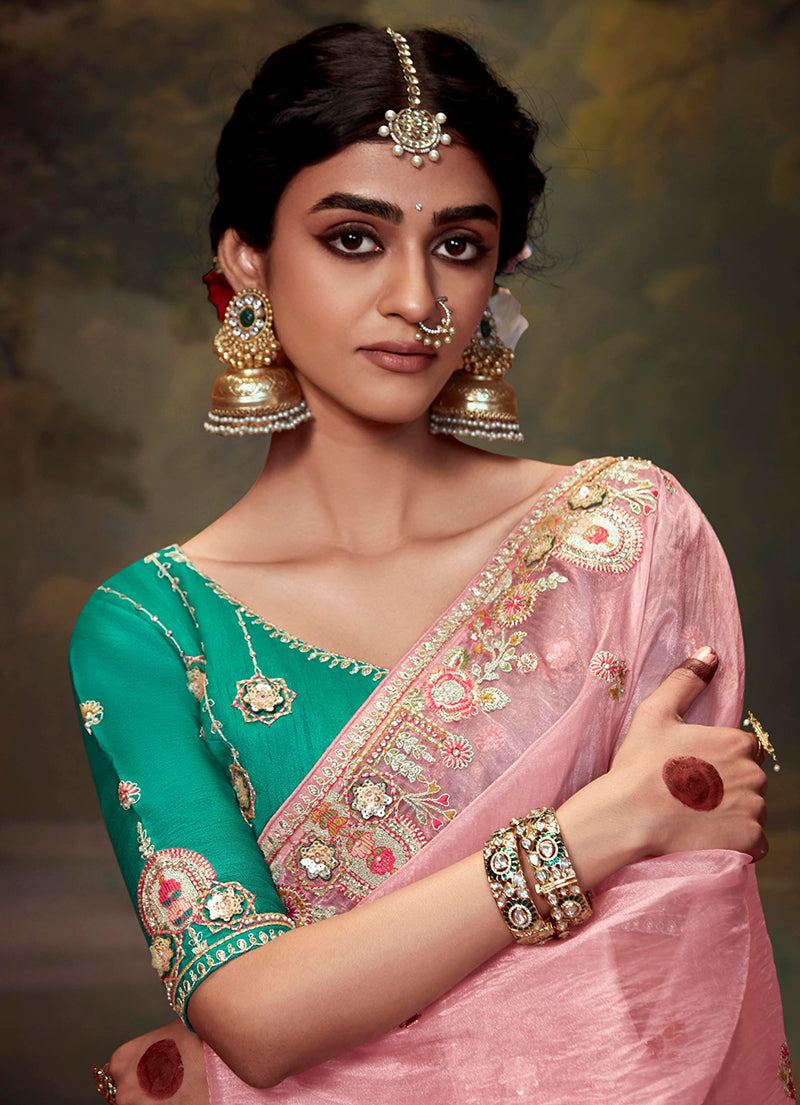 Monjolika Fashion Organza Embroidered Thread Work Light Pink Trendy Saree | Grocsy