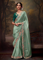 Monjolika Fashion Organza Embroidered Thread Work Turquoise Designer Saree | Grocsy