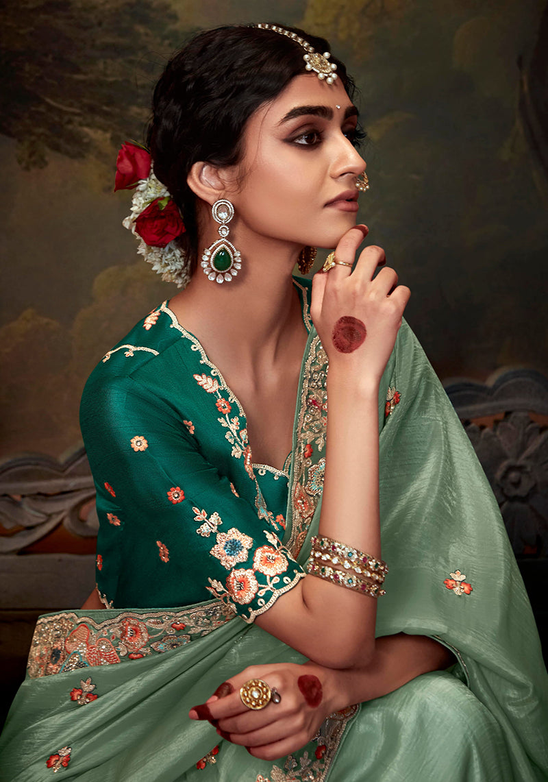 Monjolika Fashion Organza Embroidered Thread Work Turquoise Designer Saree | Grocsy