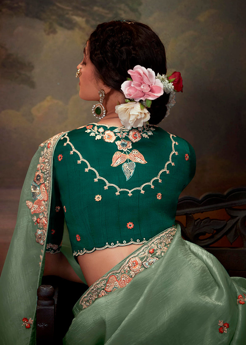 Monjolika Fashion Organza Embroidered Thread Work Turquoise Designer Saree | Grocsy