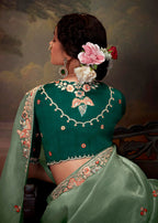 Monjolika Fashion Organza Embroidered Thread Work Turquoise Designer Saree | Grocsy