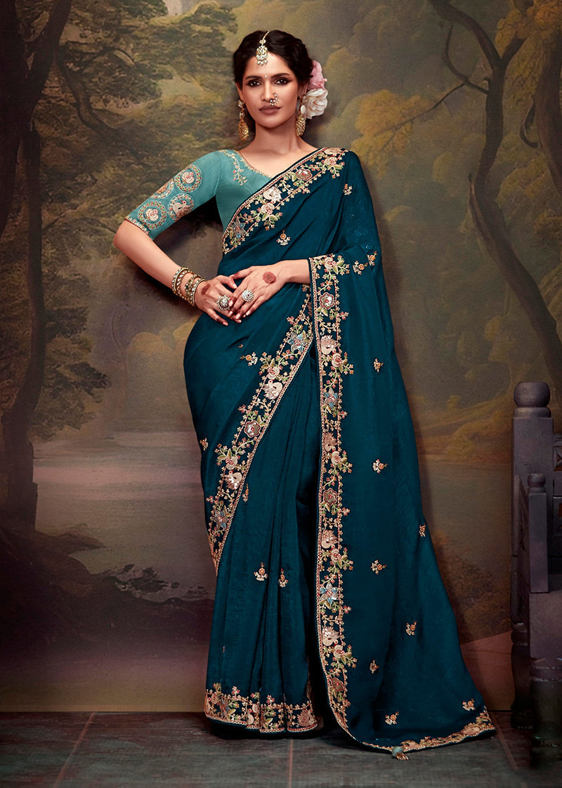 Monjolika Fashion Embroidered Thread Work Organza Dark Teal Classic Saree | Grocsy