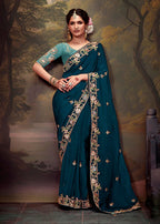 Monjolika Fashion Embroidered Thread Work Organza Dark Teal Classic Saree | Grocsy