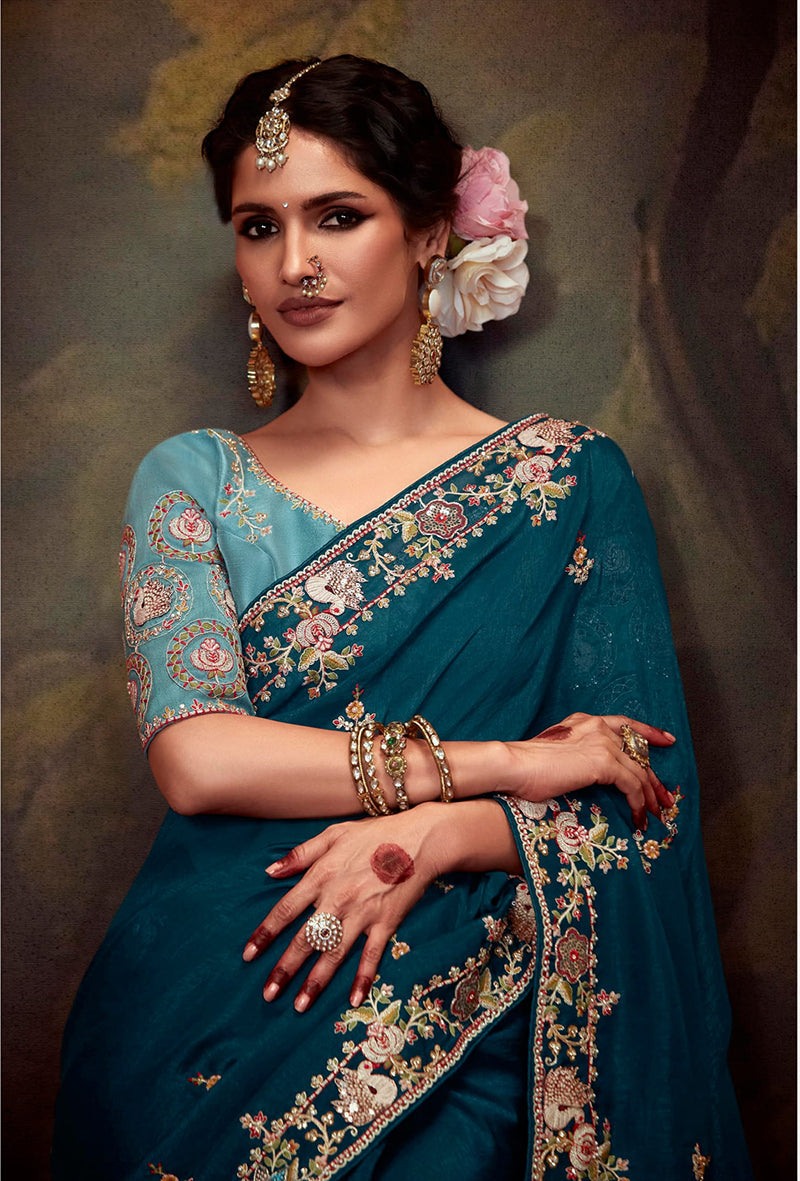 Monjolika Fashion Embroidered Thread Work Organza Dark Teal Classic Saree | Grocsy