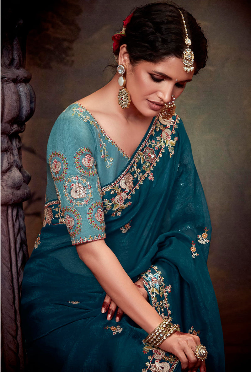 Monjolika Fashion Embroidered Thread Work Organza Dark Teal Classic Saree | Grocsy