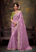 Monjolika Fashion Organza Embroidered Thread Work Mauve Contemporary Saree | Grocsy