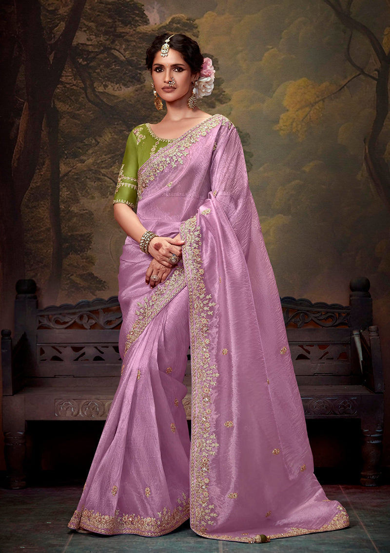 Monjolika Fashion Organza Embroidered Thread Work Mauve Contemporary Saree | Grocsy