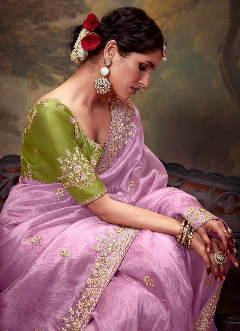 Monjolika Fashion Organza Embroidered Thread Work Mauve Contemporary Saree | Grocsy