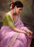 Monjolika Fashion Organza Embroidered Thread Work Mauve Contemporary Saree | Grocsy