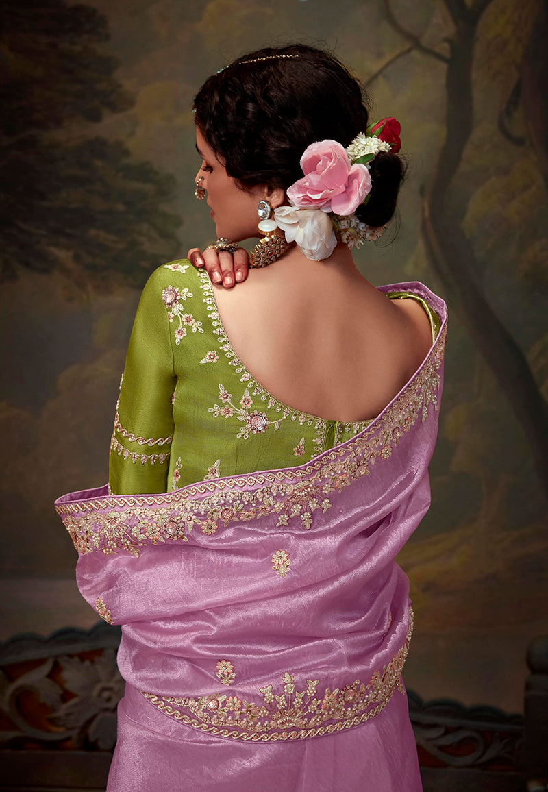 Monjolika Fashion Organza Embroidered Thread Work Mauve Contemporary Saree | Grocsy