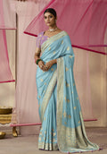 Monjolika Fashion Aqua Blue Weaving Viscose Floral Printed Classic Saree | Grocsy
