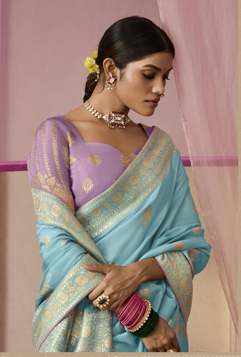Monjolika Fashion Aqua Blue Weaving Viscose Floral Printed Classic Saree | Grocsy