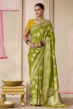 Monjolika Fashion Viscose Weaving Floral Printed Contemporary Saree In Green | Grocsy
