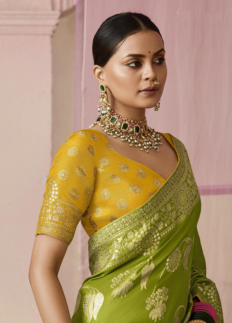 Monjolika Fashion Viscose Weaving Floral Printed Contemporary Saree In Green | Grocsy