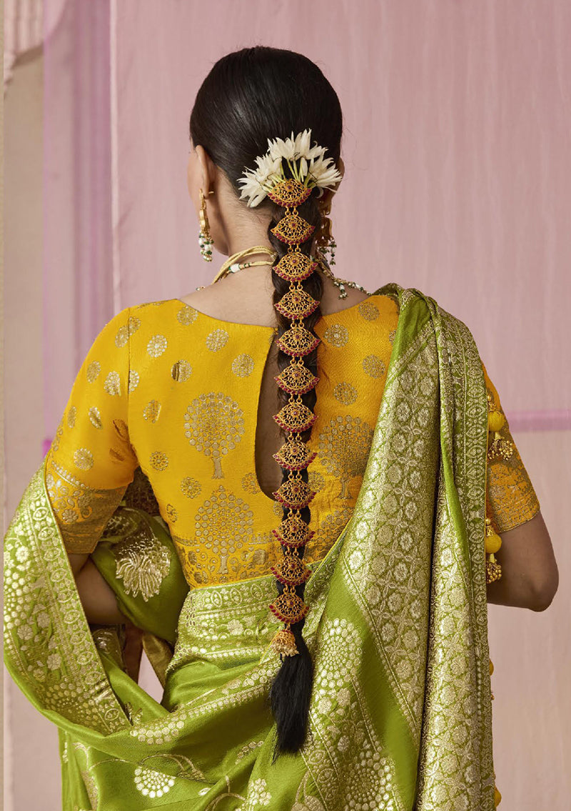 Monjolika Fashion Viscose Weaving Floral Printed Contemporary Saree In Green | Grocsy