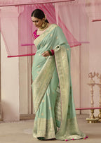 Monjolika Fashion Viscose Weaving Floral Printed Sea Green Traditional Saree | Grocsy