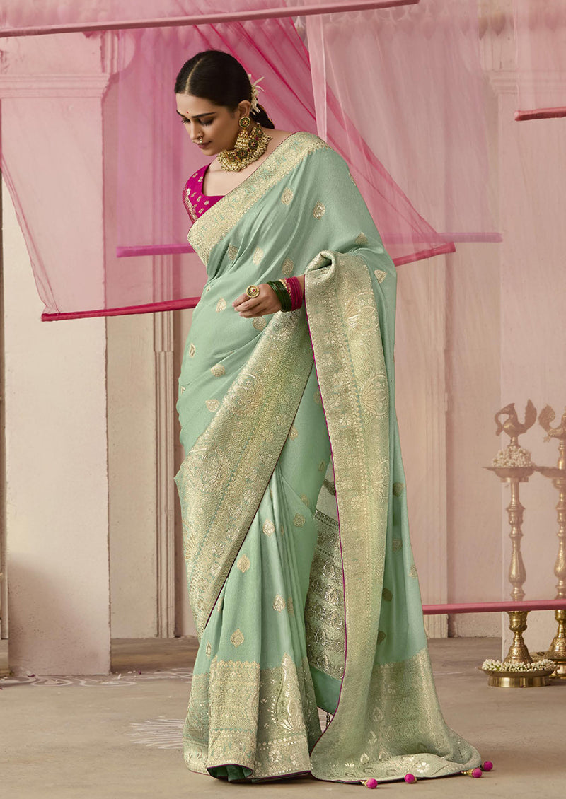 Monjolika Fashion Viscose Weaving Floral Printed Sea Green Traditional Saree | Grocsy