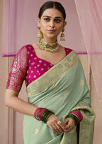 Monjolika Fashion Viscose Weaving Floral Printed Sea Green Traditional Saree | Grocsy