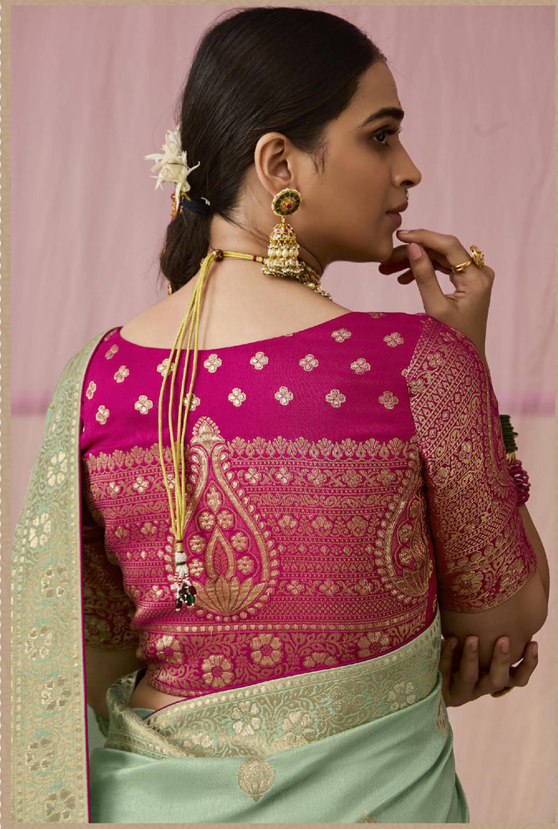 Monjolika Fashion Viscose Weaving Floral Printed Sea Green Traditional Saree | Grocsy