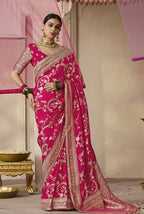 Monjolika Fashion Rani Pink Viscose Weaving Floral Printed Trendy Saree | Grocsy