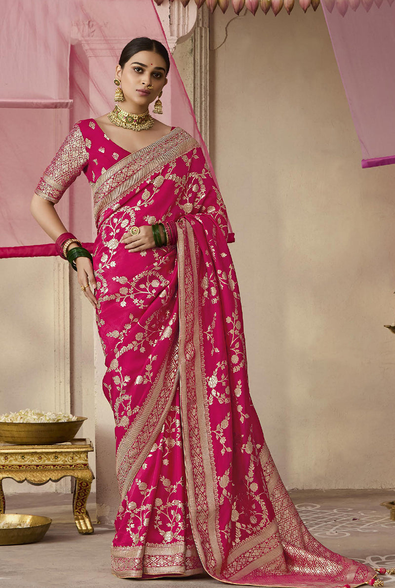 Monjolika Fashion Rani Pink Viscose Weaving Floral Printed Trendy Saree | Grocsy