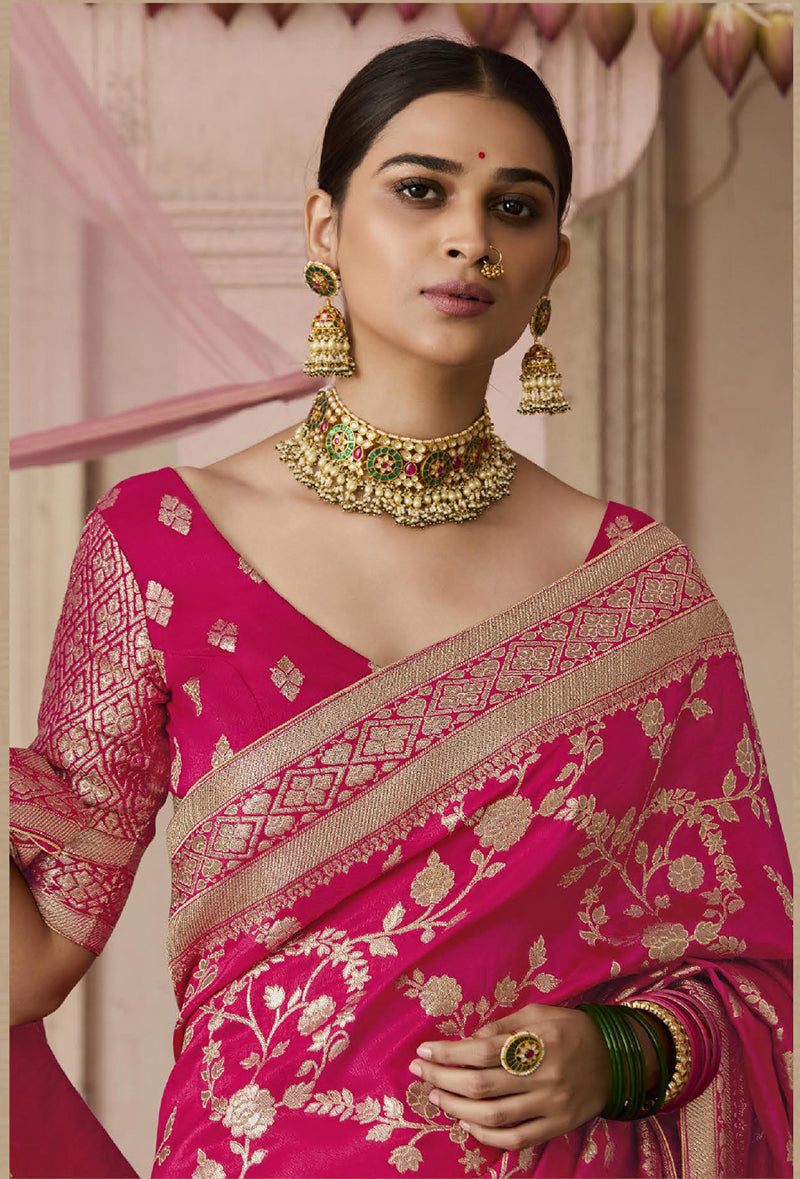 Monjolika Fashion Rani Pink Viscose Weaving Floral Printed Trendy Saree | Grocsy