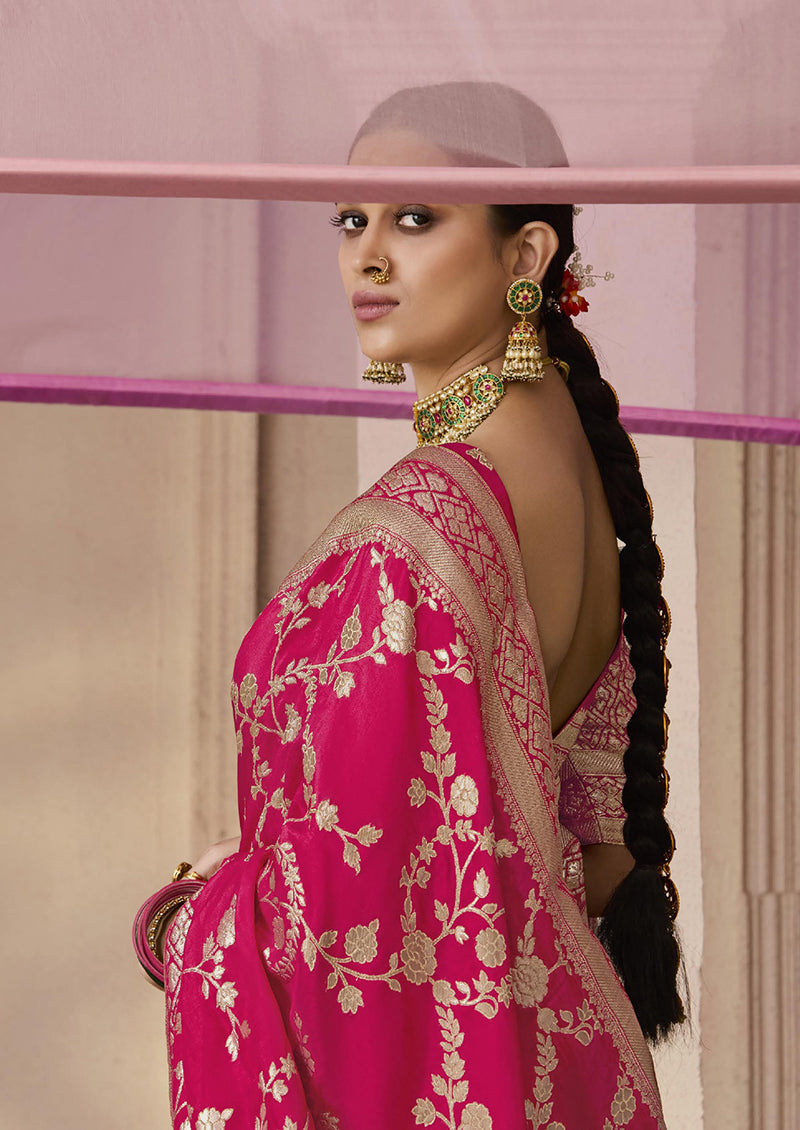 Monjolika Fashion Rani Pink Viscose Weaving Floral Printed Trendy Saree | Grocsy