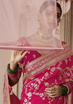 Monjolika Fashion Rani Pink Viscose Weaving Floral Printed Trendy Saree | Grocsy