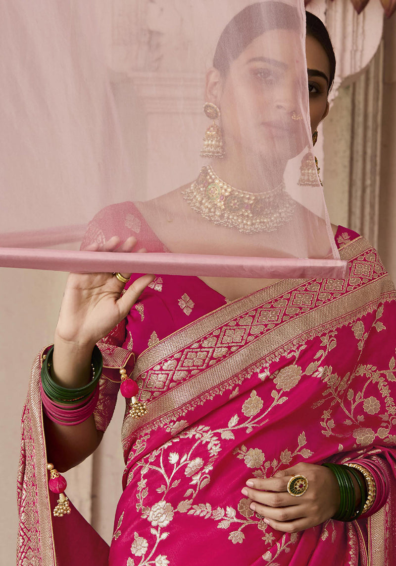 Monjolika Fashion Rani Pink Viscose Weaving Floral Printed Trendy Saree | Grocsy