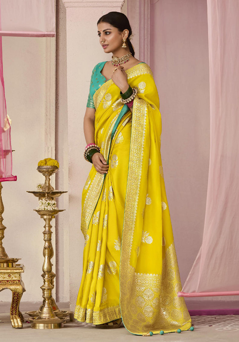 Monjolika Fashion Yellow Weaving Floral Printed Viscose Classic Saree | Grocsy