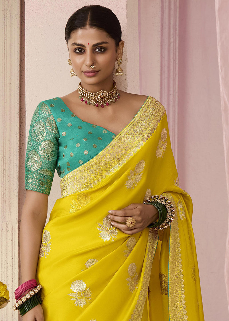 Monjolika Fashion Yellow Weaving Floral Printed Viscose Classic Saree | Grocsy