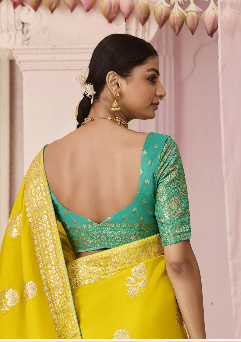 Monjolika Fashion Yellow Weaving Floral Printed Viscose Classic Saree | Grocsy