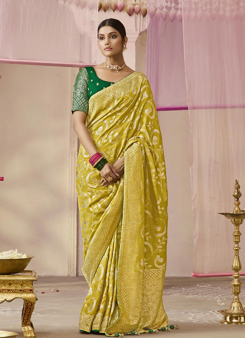 Monjolika Fashion Viscose Light Olive Weaving Floral Printed Trendy Saree | Grocsy