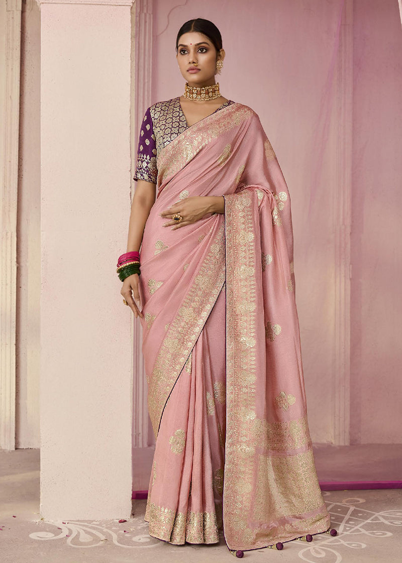 Monjolika Fashion Light Pink Weaving Floral Printed Viscose Designer Saree | Grocsy