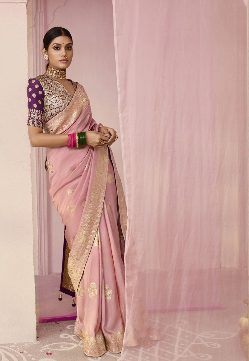Monjolika Fashion Light Pink Weaving Floral Printed Viscose Designer Saree | Grocsy