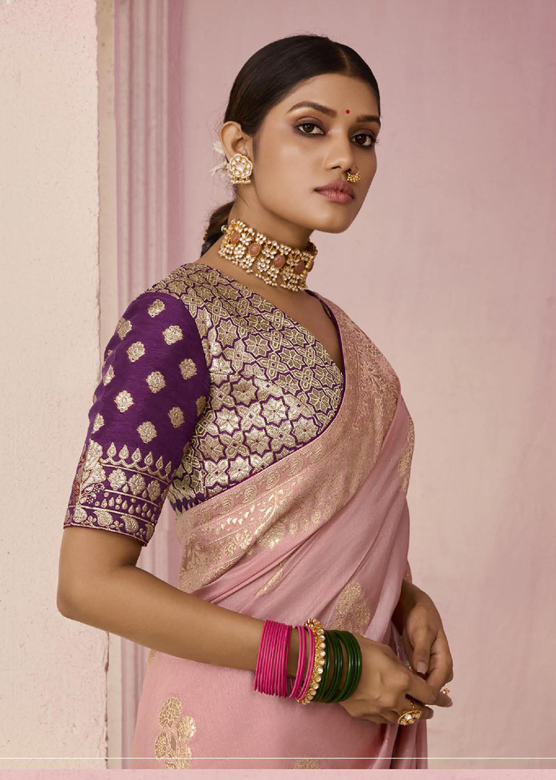 Monjolika Fashion Light Pink Weaving Floral Printed Viscose Designer Saree | Grocsy