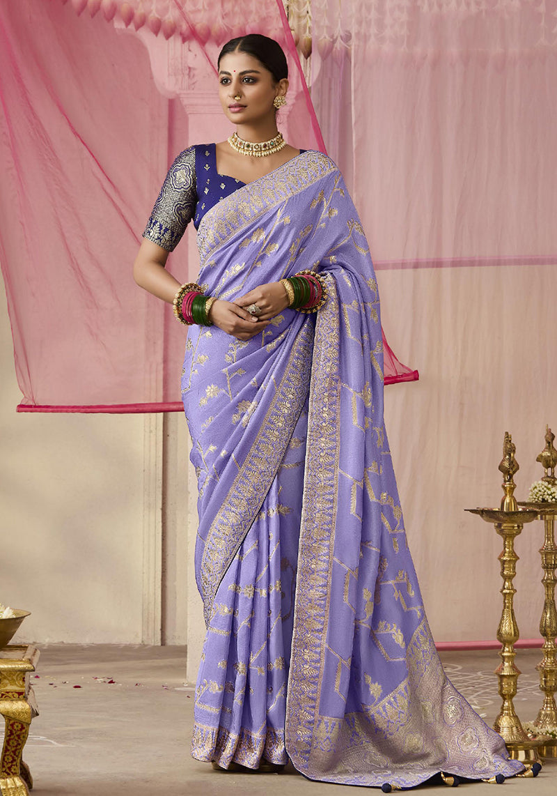 Monjolika Fashion Viscose Weaving Floral Printed Lavender Traditional Saree | Grocsy