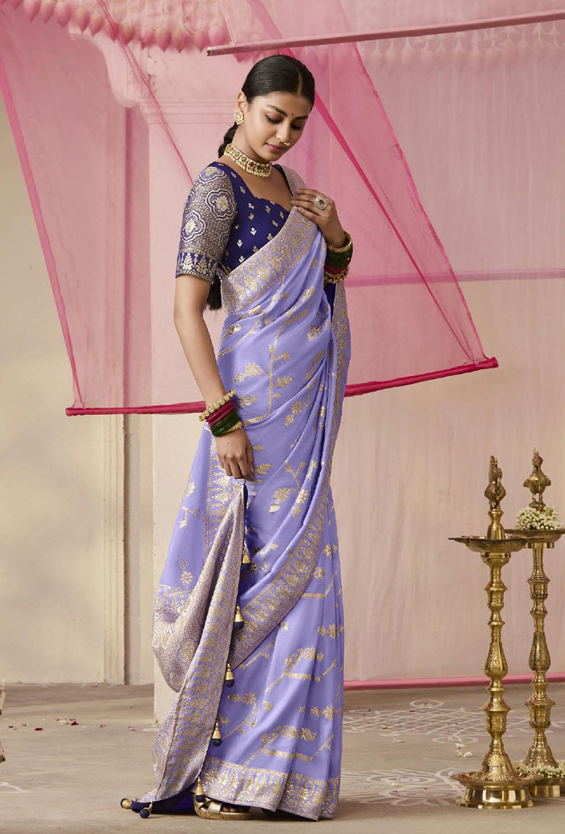 Monjolika Fashion Viscose Weaving Floral Printed Lavender Traditional Saree | Grocsy