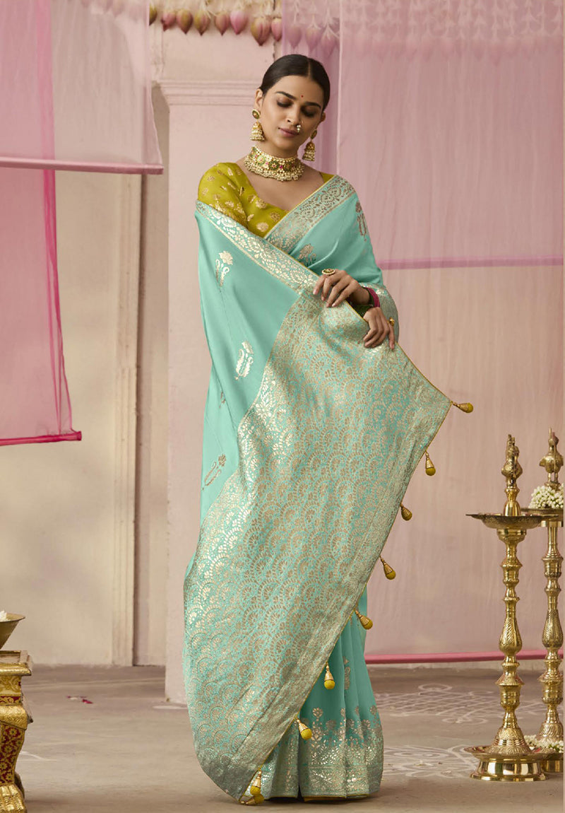 Monjolika Fashion Weaving Floral Printed Viscose Classic Saree In Aqua Blue | Grocsy