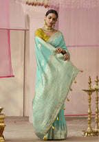 Monjolika Fashion Weaving Floral Printed Viscose Classic Saree In Aqua Blue | Grocsy