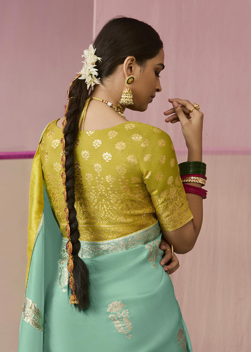 Monjolika Fashion Weaving Floral Printed Viscose Classic Saree In Aqua Blue | Grocsy