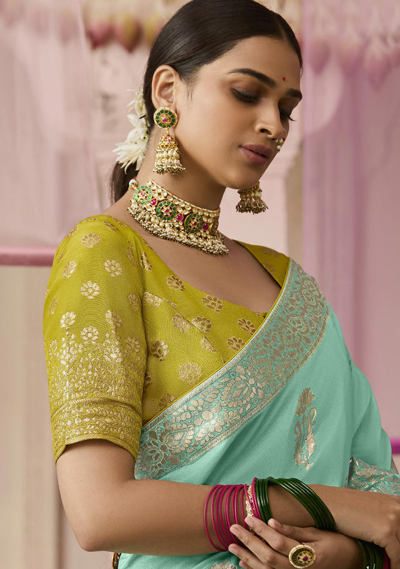 Monjolika Fashion Weaving Floral Printed Viscose Classic Saree In Aqua Blue | Grocsy