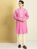 House of Pataudi Men Pure Cotton Self Striped Embroidered Thread Work Jashn Kurta | Grocsy
