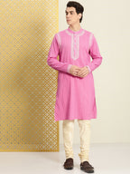 House of Pataudi Men Pure Cotton Self Striped Embroidered Thread Work Jashn Kurta | Grocsy