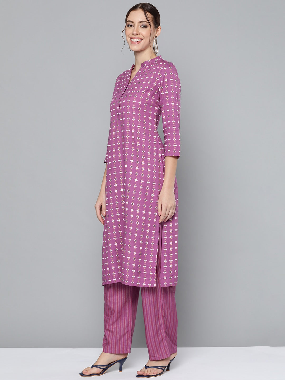 HERE&NOW Women Purple Printed Regular Kurta with Palazzos | Grocsy