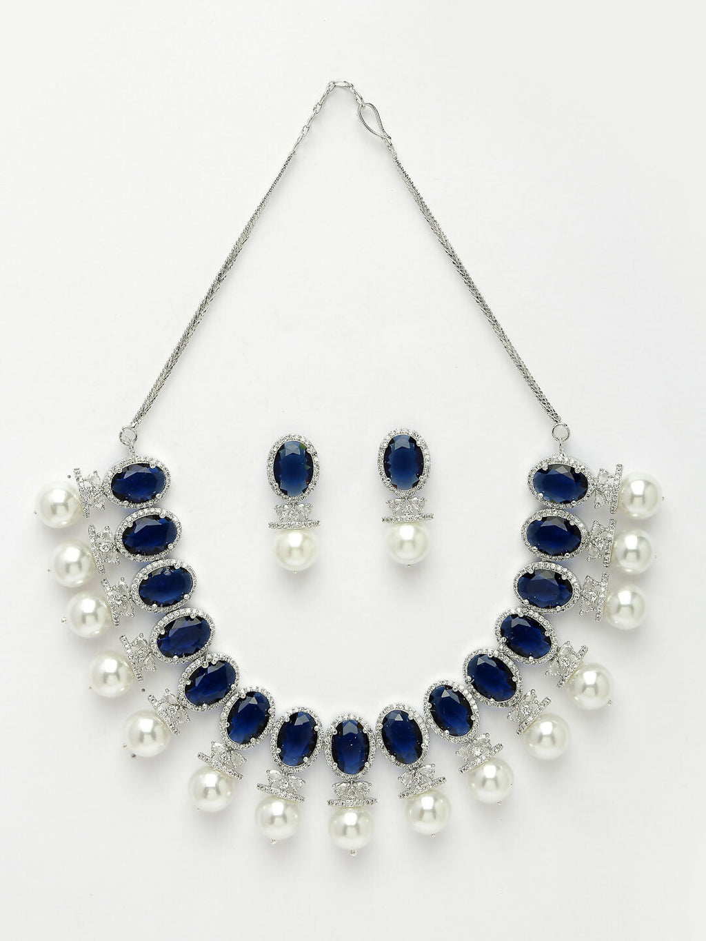 NVR Women's Silver-Plated Blue American Diamond Studded Handcrafted Jewellery Set | Grocsy