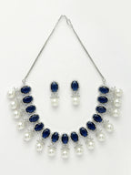 NVR Women's Silver-Plated Blue American Diamond Studded Handcrafted Jewellery Set | Grocsy