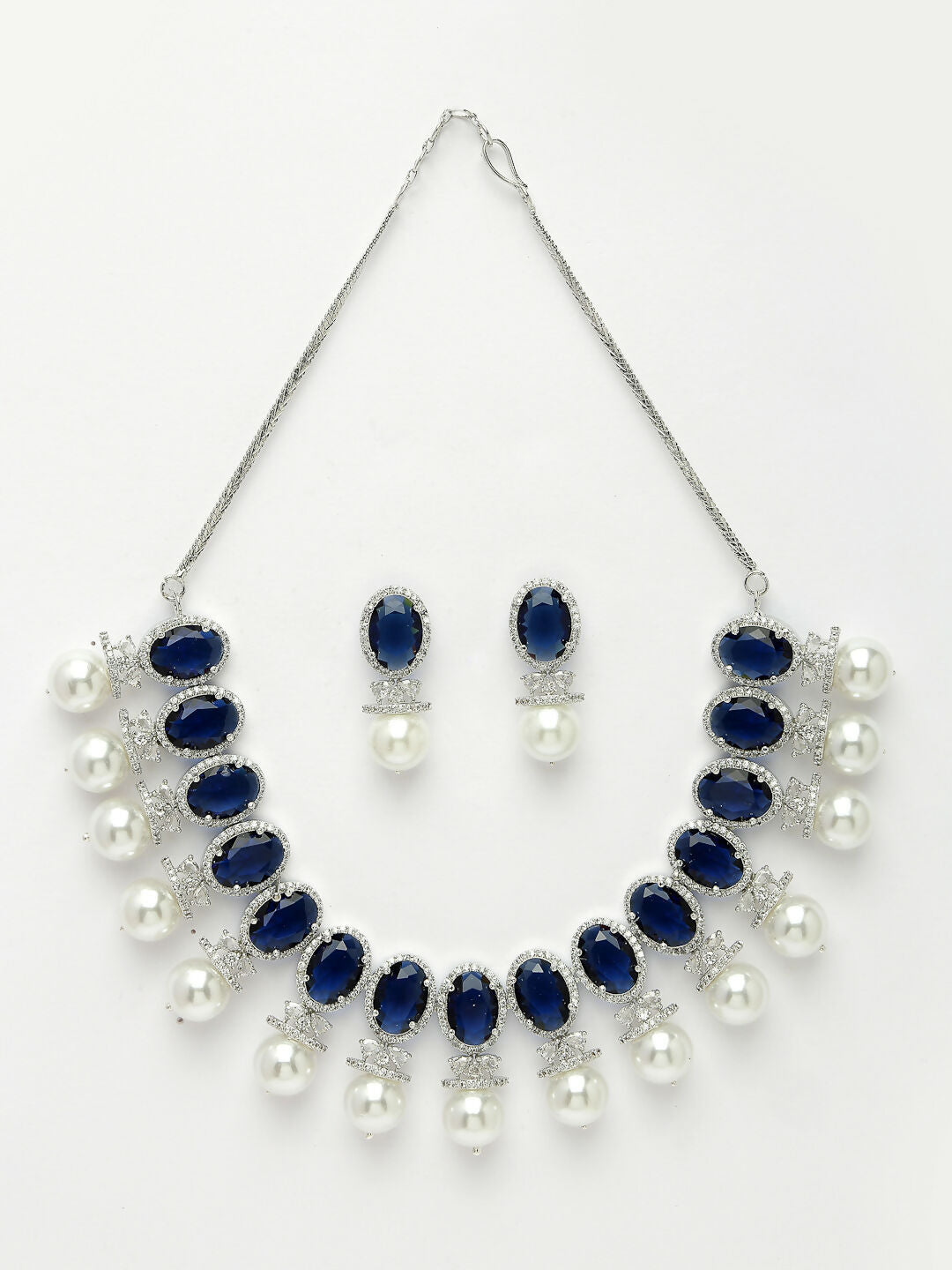 NVR Women's Silver-Plated Blue American Diamond Studded Handcrafted Jewellery Set | Grocsy