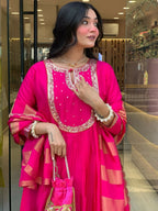 The52 Rani Women's Gorgeous Embroidered Work Chanderi Fabric Flared Kurta Pant and Dupatta Set | Grocsy